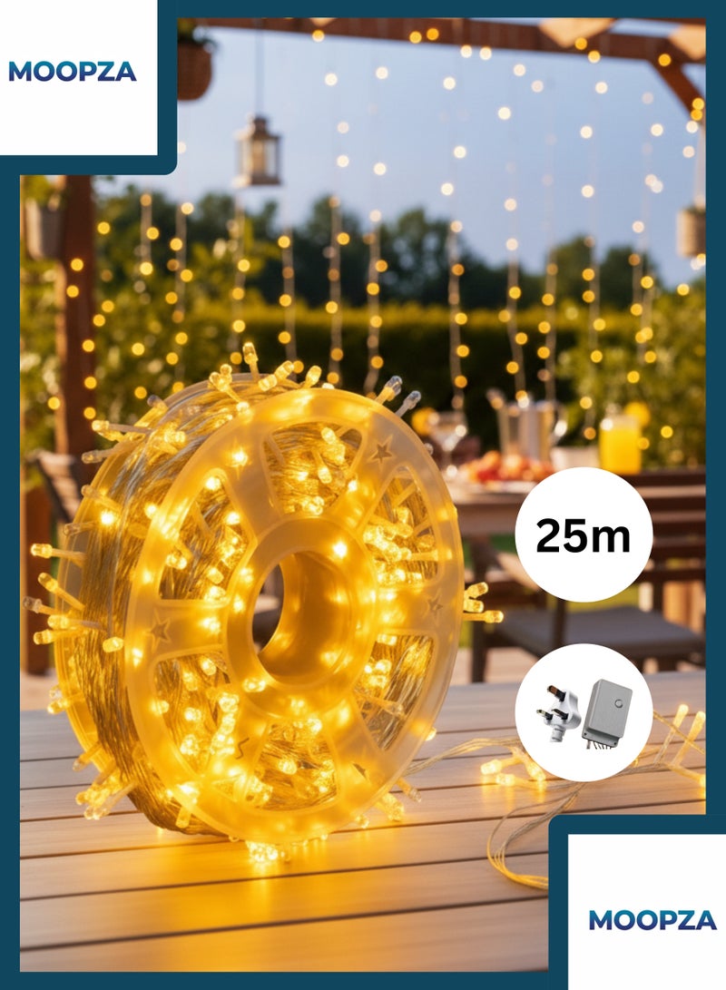 إضاءة خيطية LED بطول ٢٥ متر باللون الأصفر مع ٨ أوضاع إضاءة لزينة رمضان والعيد، إضاءة زخرفية للاستخدام الداخلي والخارجي للمنزل